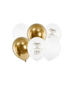 Ballonbuket Happy Birthday, guld og hvid
