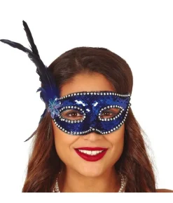 Blå halvmaske med fjer