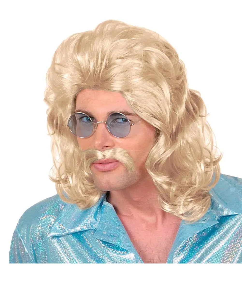 Blond 70er paryk og overskæg