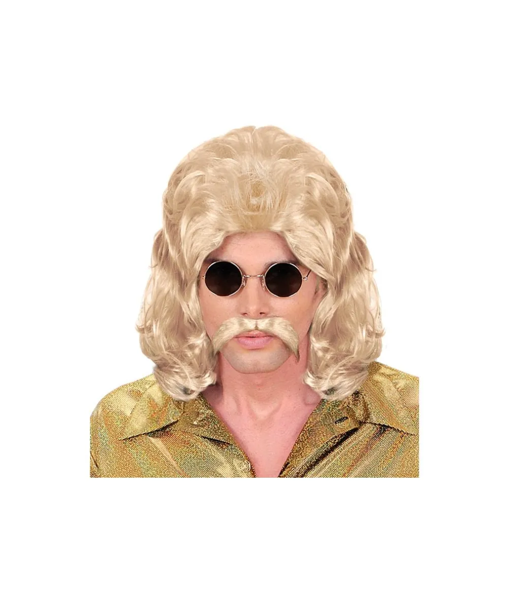 Blond 70er paryk og overskæg