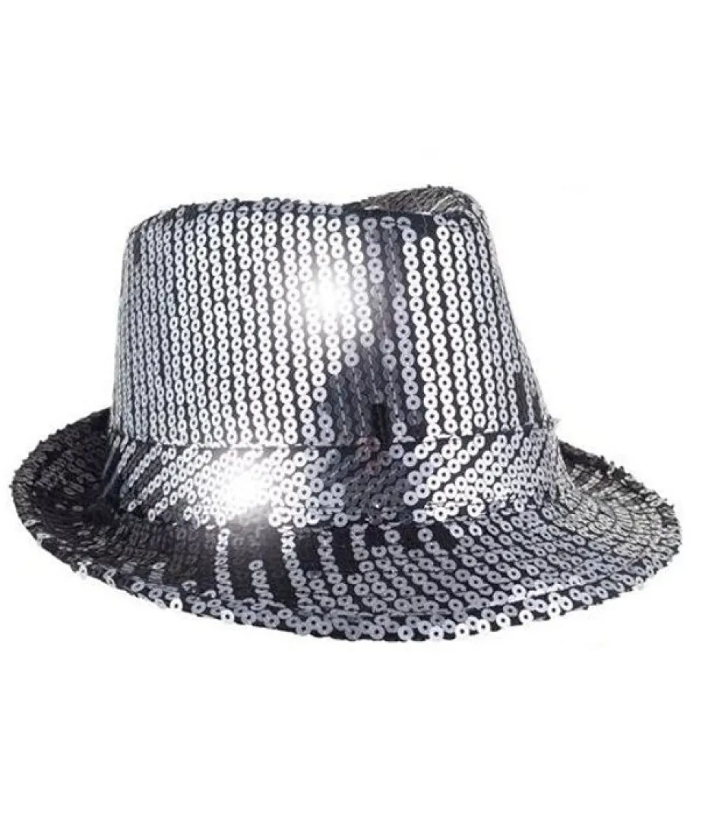 Fedora hat med pailletter, sølv og sort