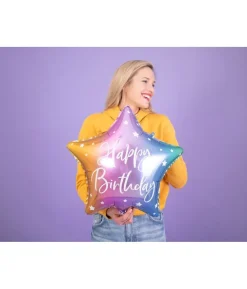 Folieballon Happpy Birthday, regnbue stjerne