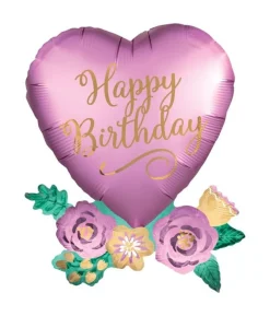 Folieballon Happy Birthday hjerte med blomster