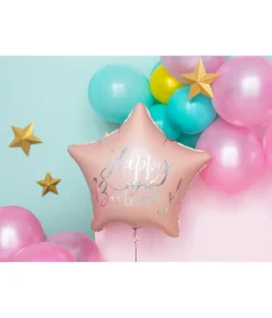 Folieballon Happy Birthday, lys pudder pink stjerne