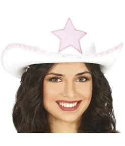 Hvid cowboyhat med lyserød stjerne