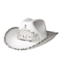 Hvid Cowboyhat med pailletter og diadem