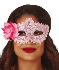 Lyserød halvmaske med blomst
