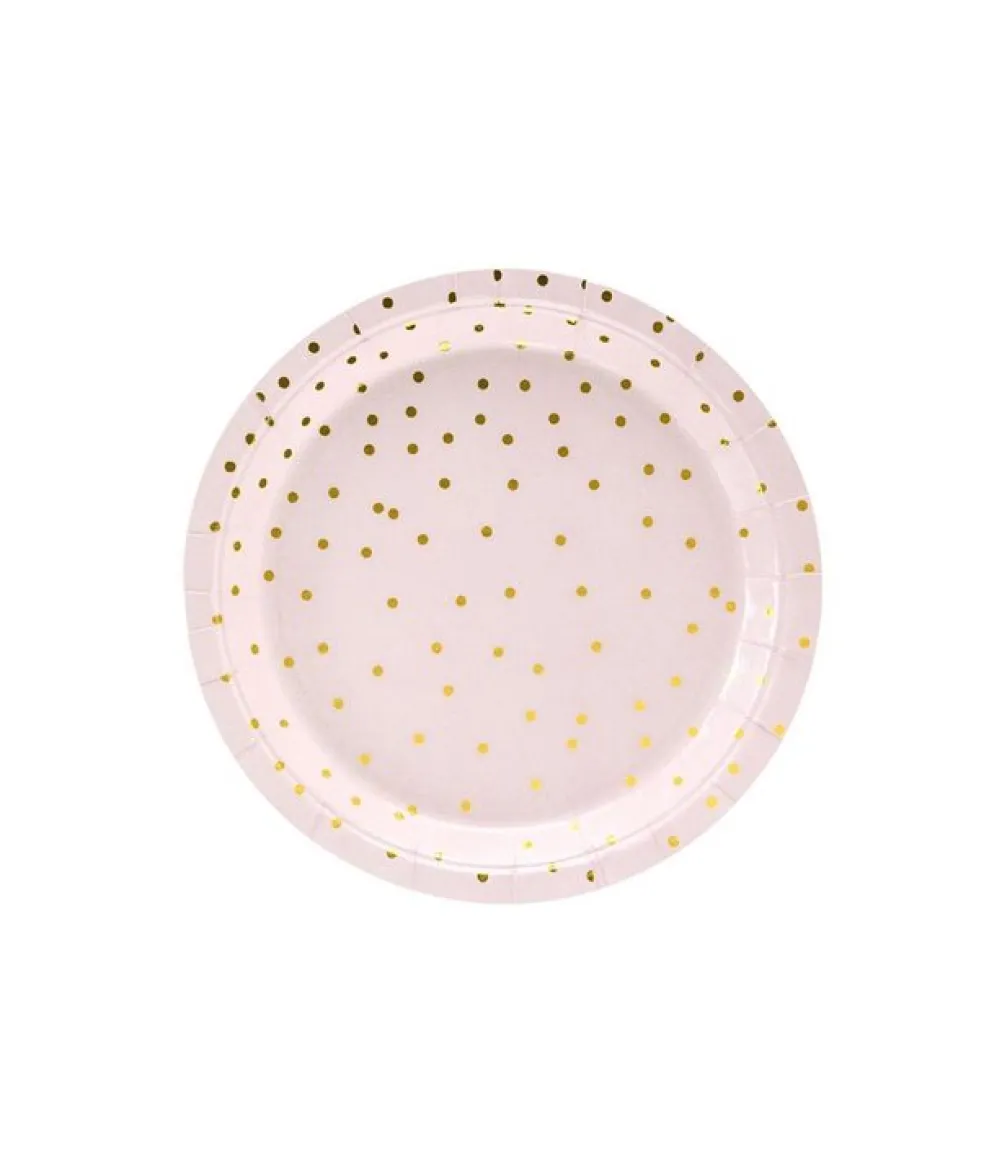 Lyserød tallerken med guld prikker, 18cm