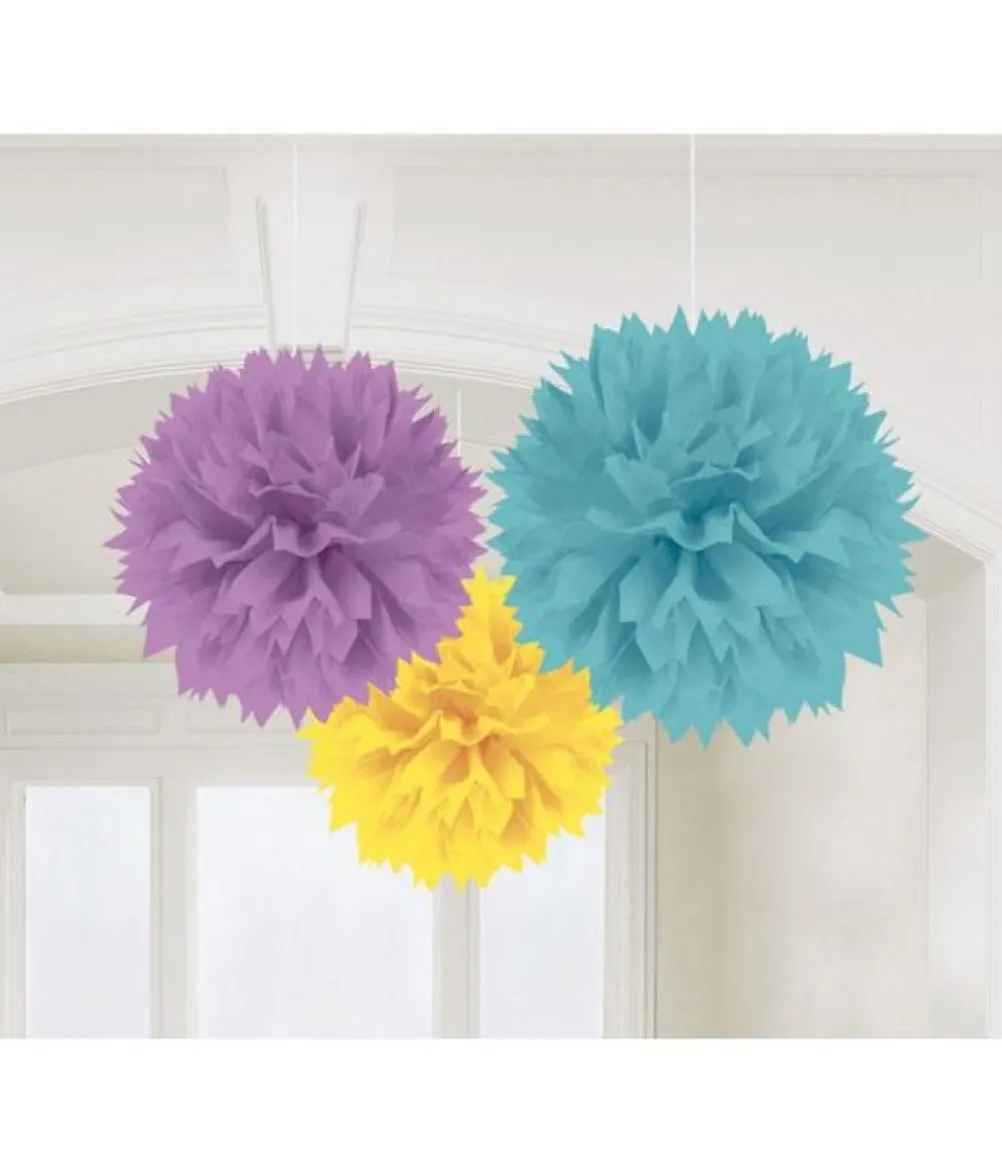 Papir pom poms gul, blå og lilla