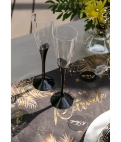 Plastik champagneglas med sort fod, 6 stk