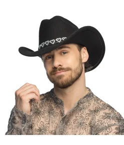 Sort cowboyhat med sølv hjerter