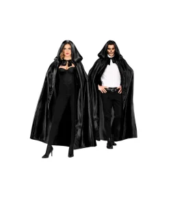Sort satin kappe med hætte, 145 cm