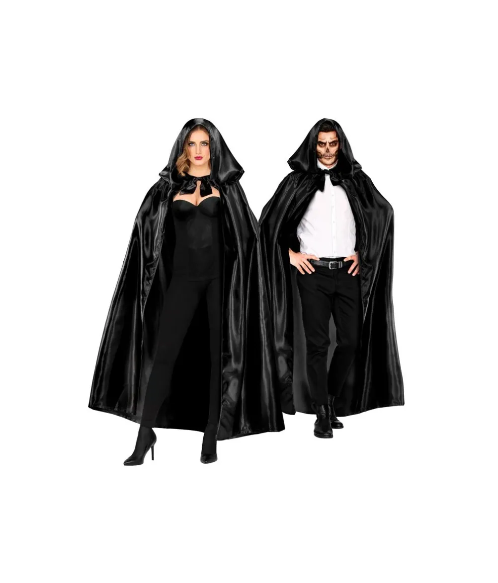 Sort satin kappe med hætte, 145 cm
